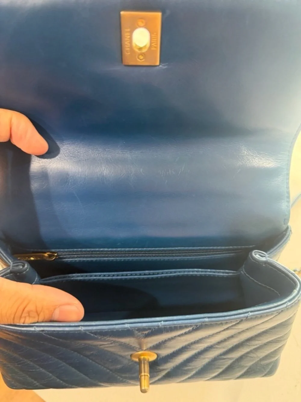 CHANEL Quilted Top Handle Satchel in Navy with Gold Hardware